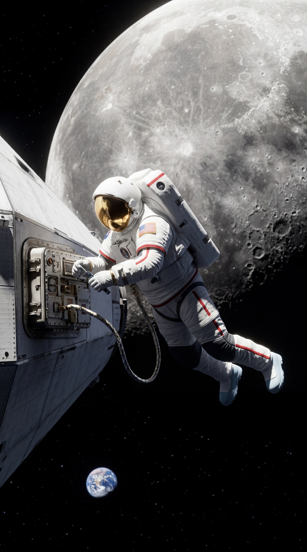 Astronaut an der Kapsel, der einzige Kontakt zu allem, was er kennt, ist das Funkgerät.