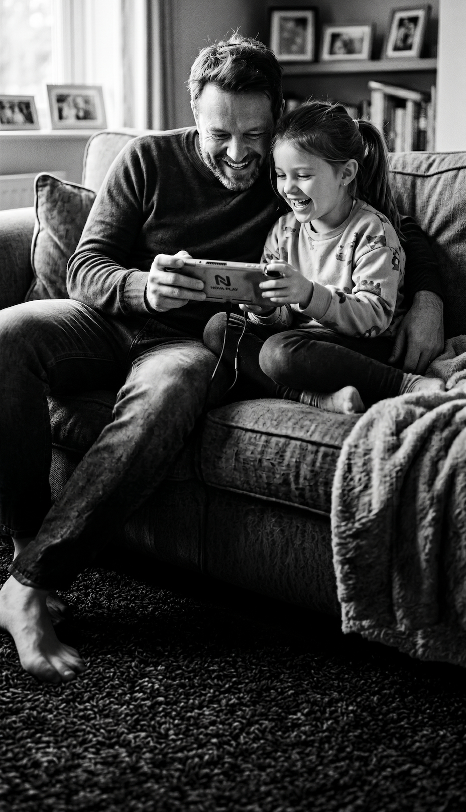 Vater und Tochter mit NOVA PLAY Handheld-Konsole, Symbolbild für Zielgruppen-Kongruenz